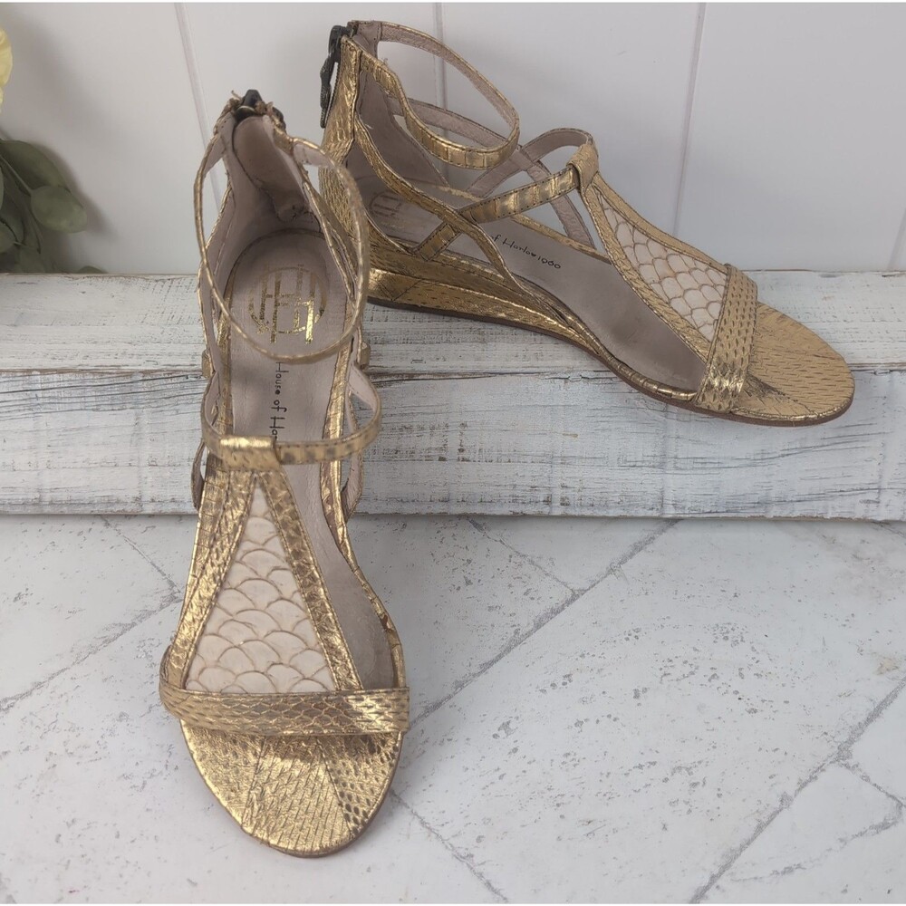 House of Harlow Gold Casmine Gladiator Wedge Sandal Snake Charms Size 6 | 36.5 - Picture 2 of 14